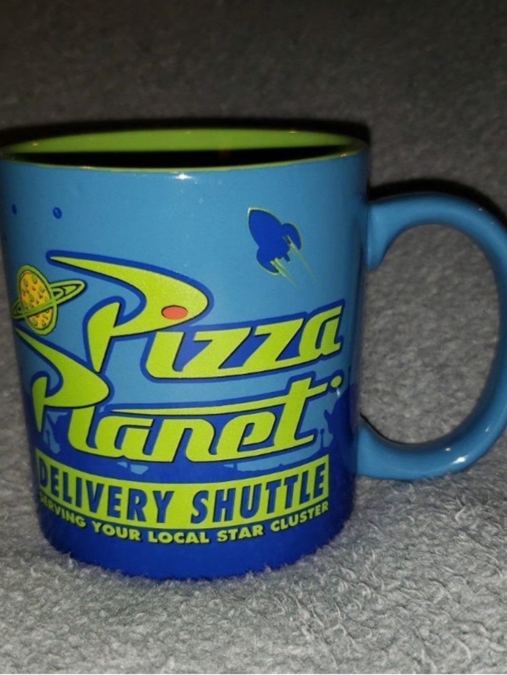 Pizza Planet Branded Blue and Lime Mug